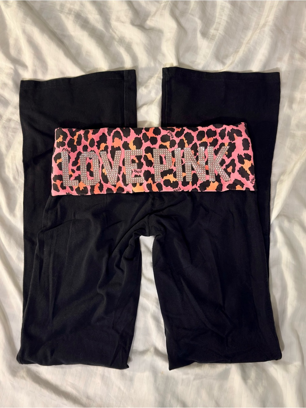 GRAIL Victoria's Secret PINK Leopard Print Rhinestone Flared Foldover Leggings